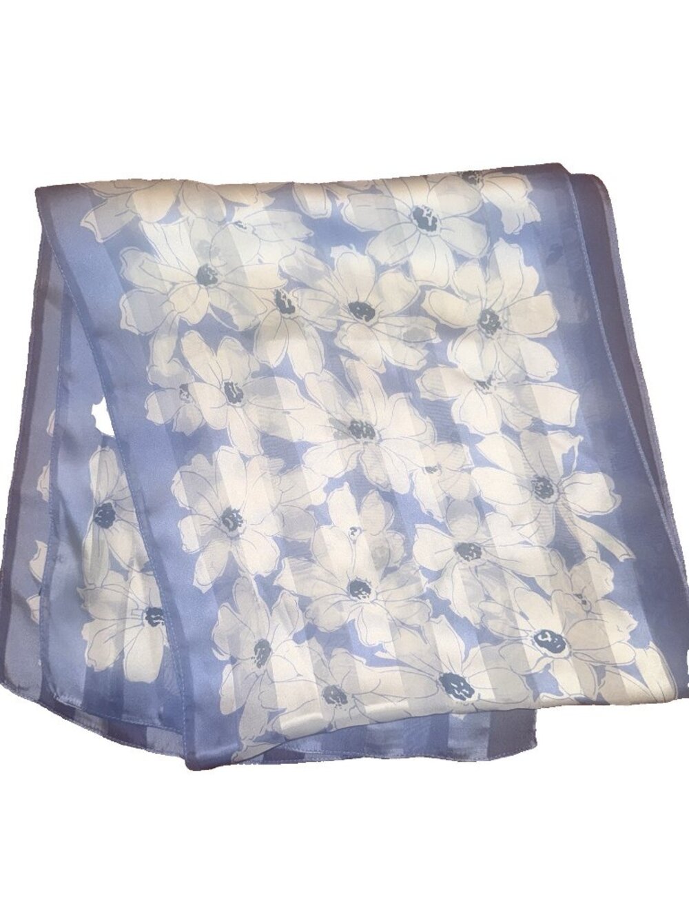 Oblong LAUREN by RALPH LAUREN Baby Blue +White SILK SCARF -Daisy FLOWERS 12"x54"